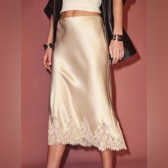 Reformation Dresses & Skirts - Reformation Cream Satin Midi Slip Skirt with Lace Hem